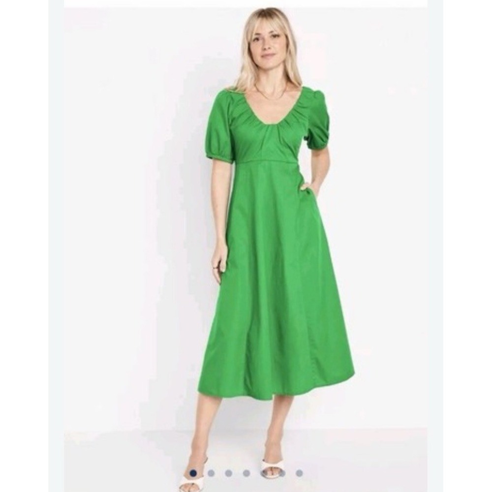 Old Navy Puff Sleeve Midi Swing Dress XL Tall Green Cotton Smocked Cottagecore